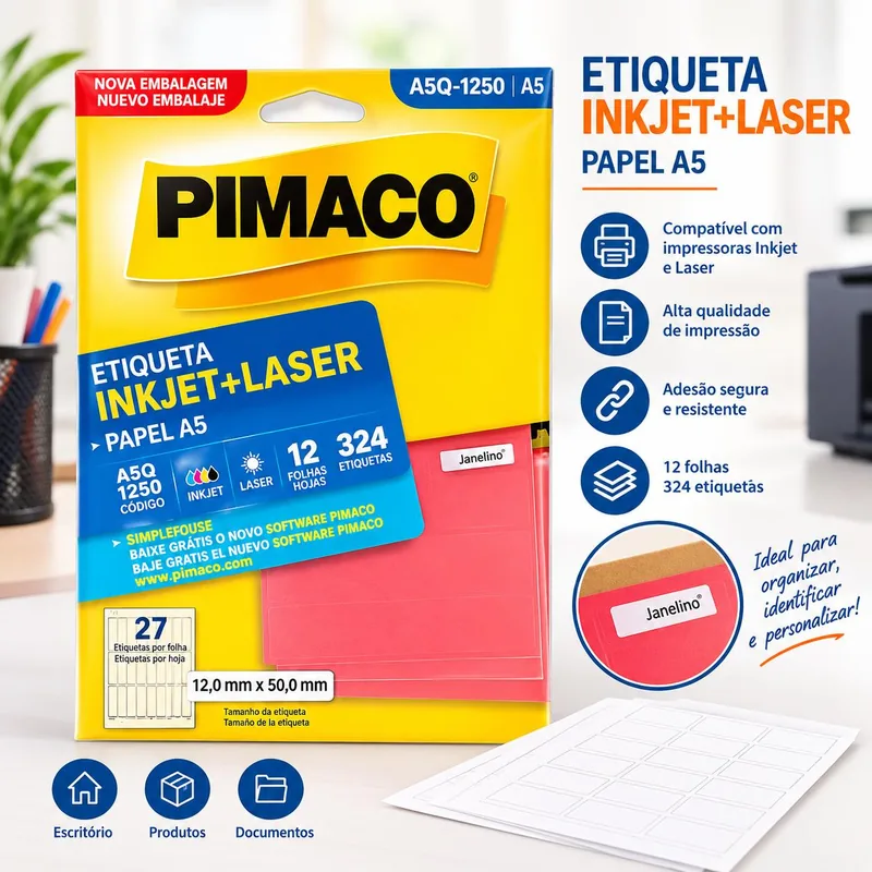 Etiqueta Inkjet+laser A5 12FLS Q-1250 Pimaco