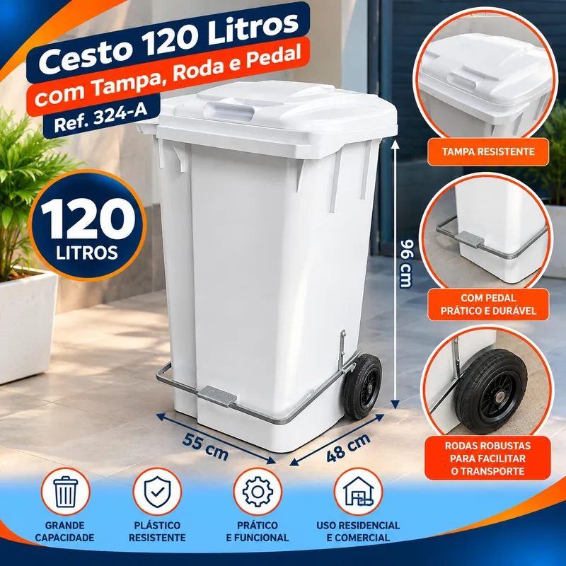 Cesto 120 Lt. Branco C/tp/ Roda/ Pedal REF.324-A Bolivar