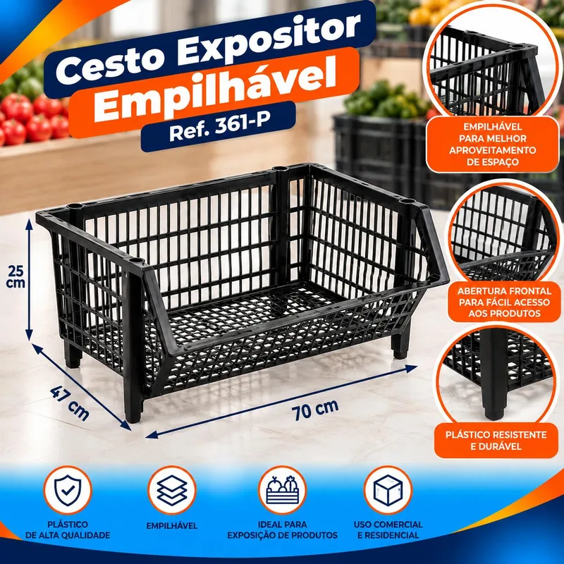 Cesto Expositor Empilhavel Preto Ref. 361-P Bolivar