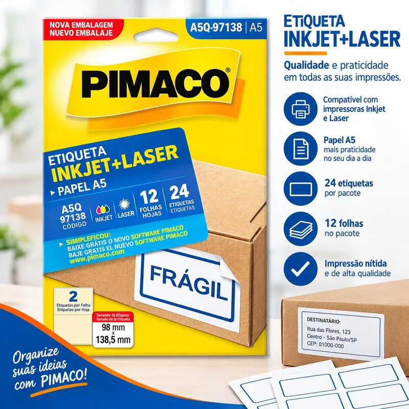 Etiqueta Inkjet+laser A5 12FLS Q-97138 Pimaco
