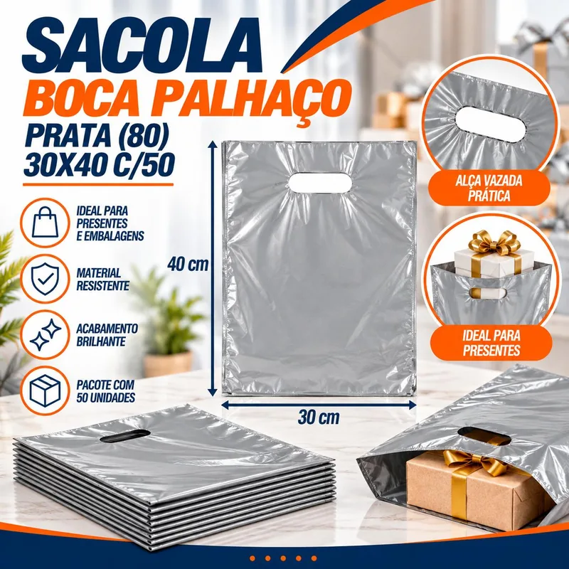Sacola Boca Palhaço (80) 30X40 Prata C/50