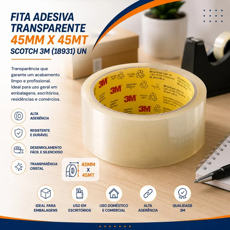 Fita Ades. Transp 45MMX45MT. Scotch 3M (18931) Un