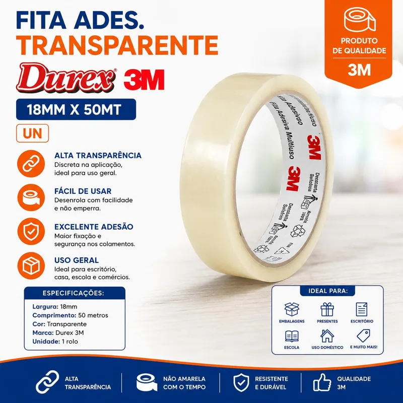 Fita Ades. Transp 18MMX50MT. Durex (64861) 3M Un