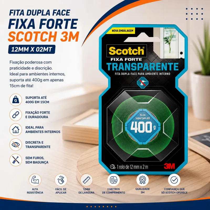 Fita Dupla Face. Fixa Forte Scotch 3M 12MMX02MT. (77975) Un