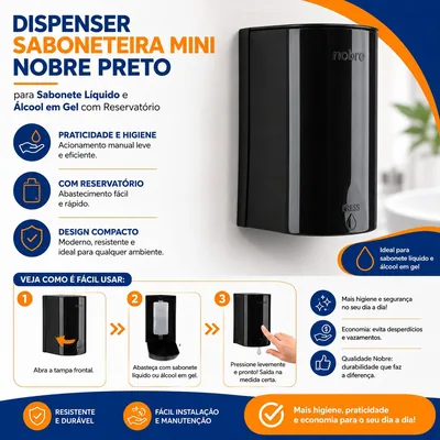 Dispenser Saboneteira Mini Nobre Preto Sabonete Alcool Gel C/resev (48384)