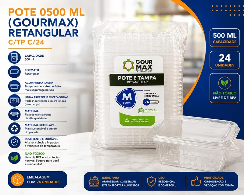 Pote 0500 Ml (gourmax) Retangular C/tp C/24