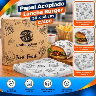 Papel Acoplado Lanche Burger 30X38 C/400