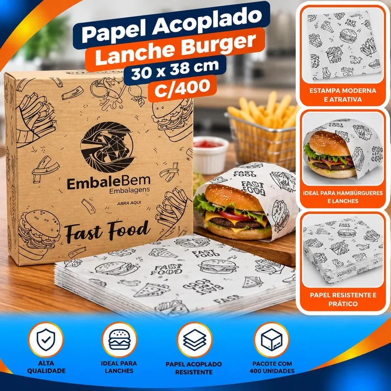 Papel Acoplado Lanche Burger 30X38 C/400