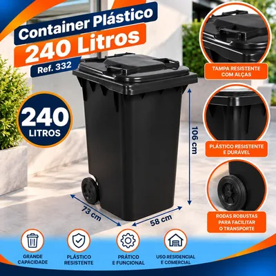 Conteiner Plast. 240 Lt. Preto c/ Rodas REF.332 Bolivar