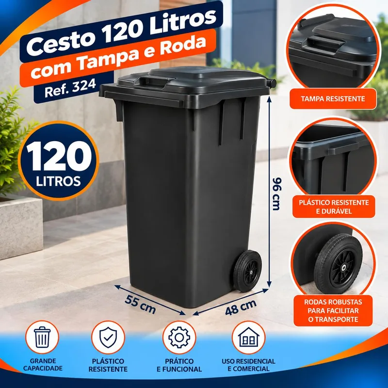 Cesto 120 Lt. Preto C/tp e Roda REF.324 Bolivar