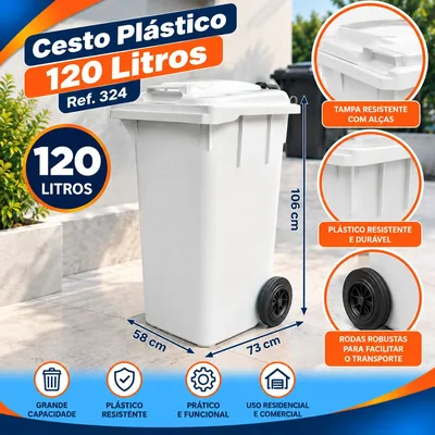 Cesto 120 Lt. Branco C/tp e Roda REF.324 Bolivar