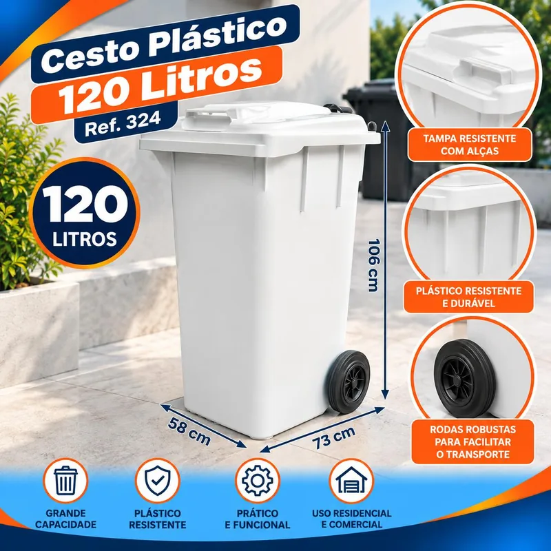 Cesto 120 Lt. Branco C/tp e Roda REF.324 Bolivar