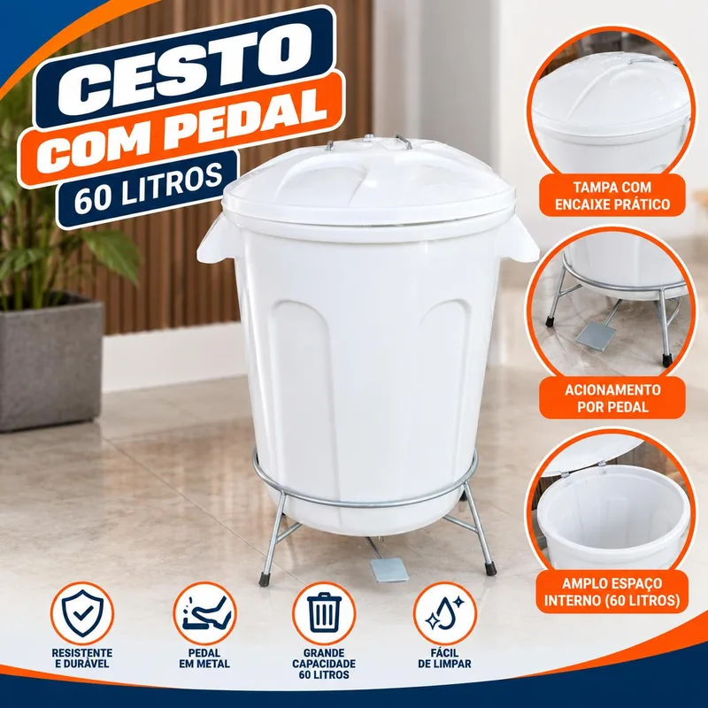 Cesto 060 Lt Branca C/pedal Ferro