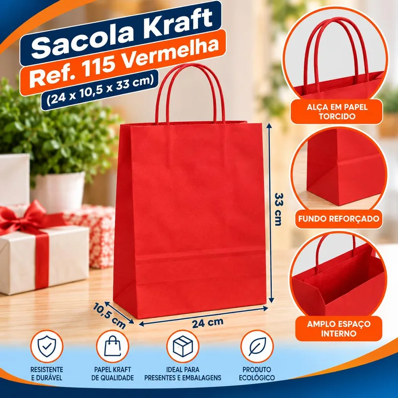 Sacola Kraft REF.115 (24X10,5X33) Vermelha Un