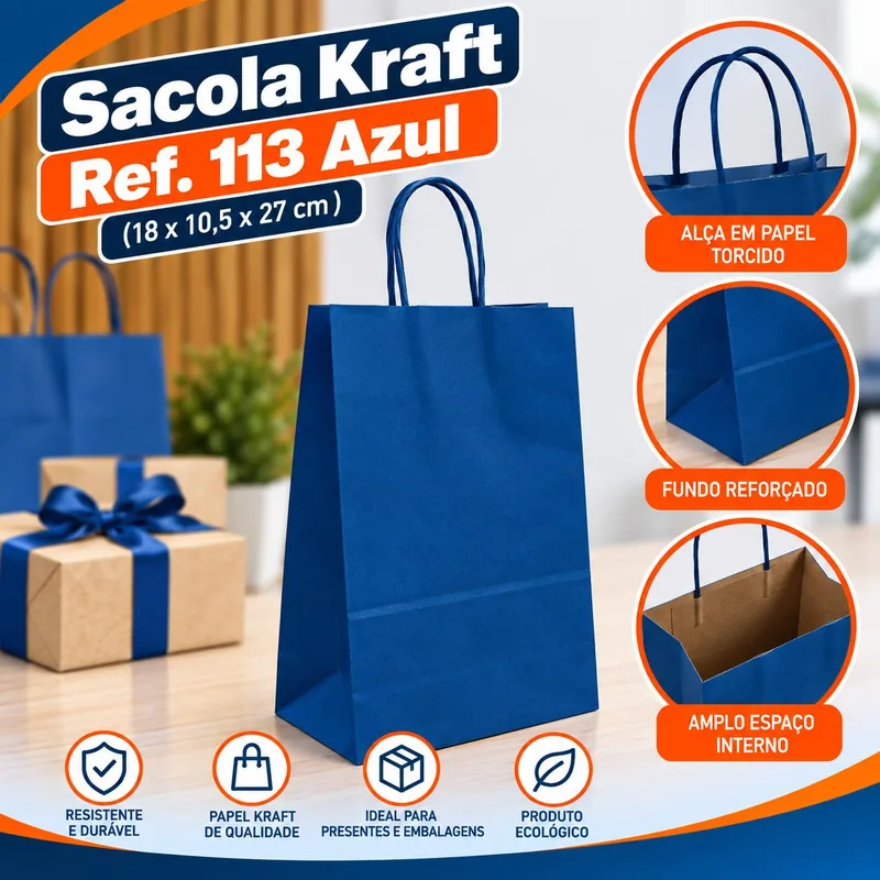 Sacola Kraft REF.113 (18X10,5X27) Azul Un