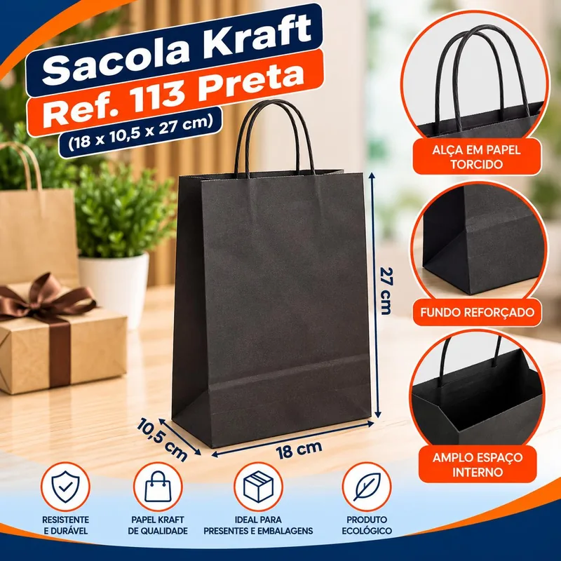 Sacola Kraft REF.113 (18X10,5X27) Preta Un