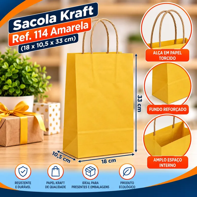 Sacola Kraft REF.114 Amarela (18X10,5X33) Un