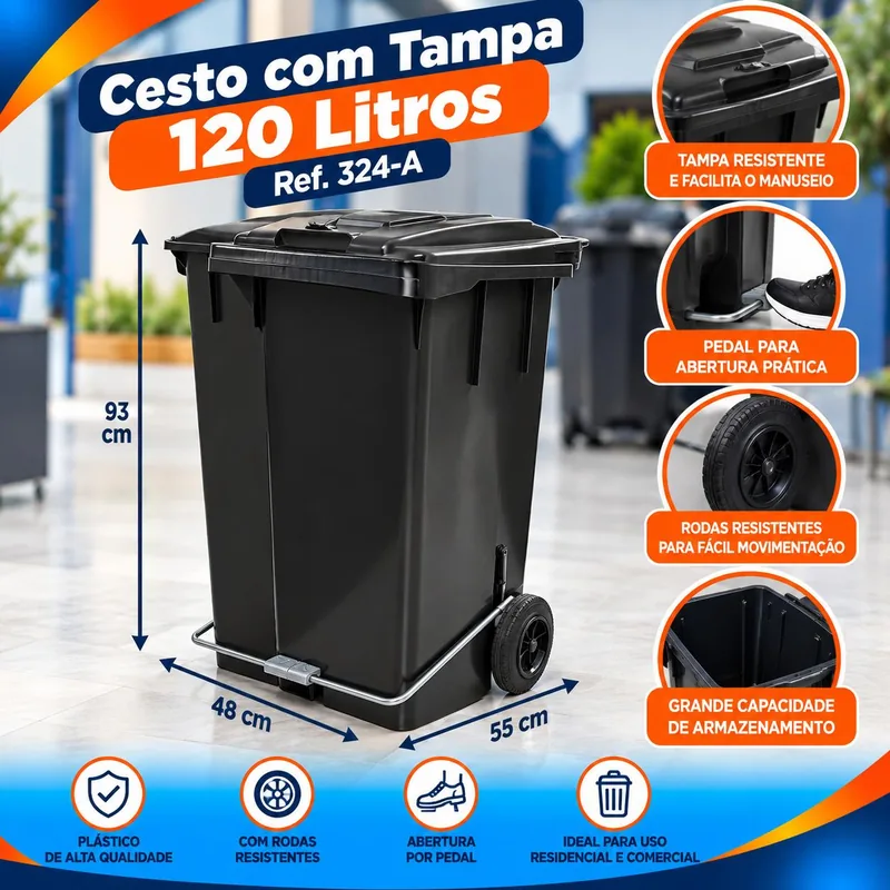 Cesto 120 Lt. Preto C/tp/ Roda/ Pedal REF.324-A Bolivar