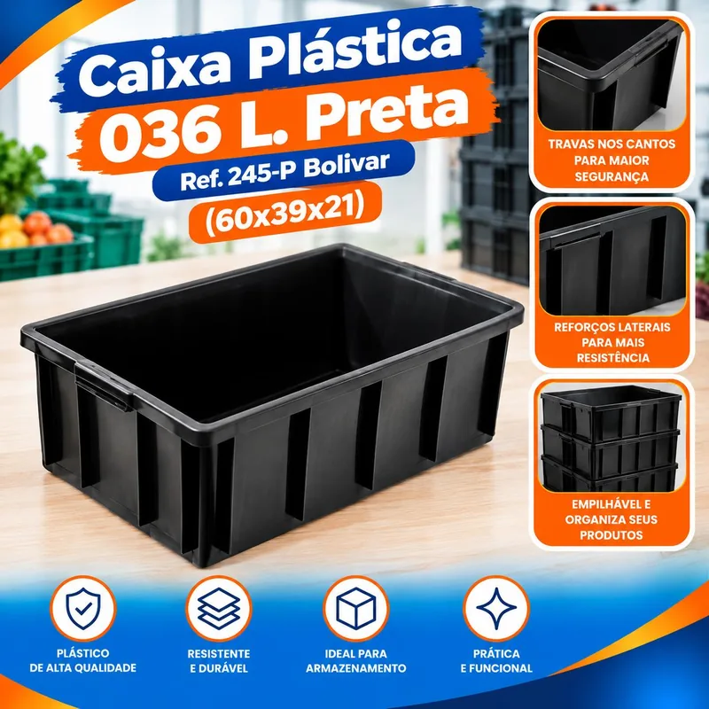 Caixa Plast. 036 L. Preta (60X39X21) Ref. 245-P Bolivar