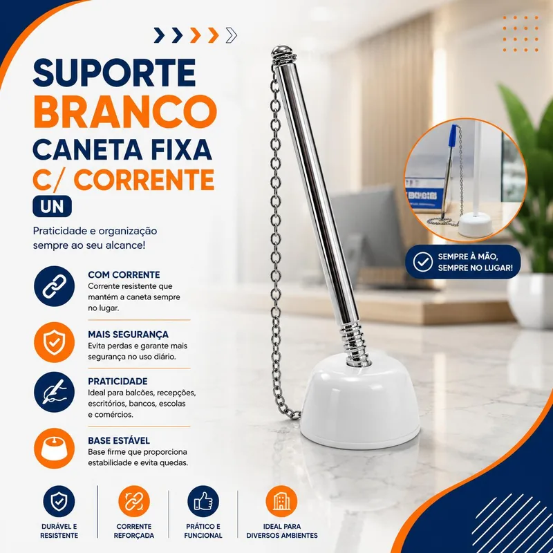 Suporte Branco Caneta Fixa c/ Corrente (20561) Un