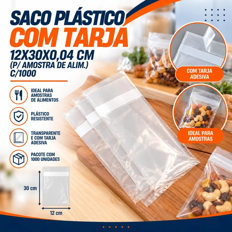 Saco Plastico c/ Tarja 12X30X0,04 Cm (p/ Amostra de Alim.) C/1000