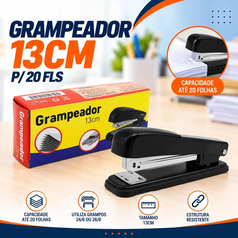 Grampeador Gatte 13CM P/20 Fls Preto (133767)