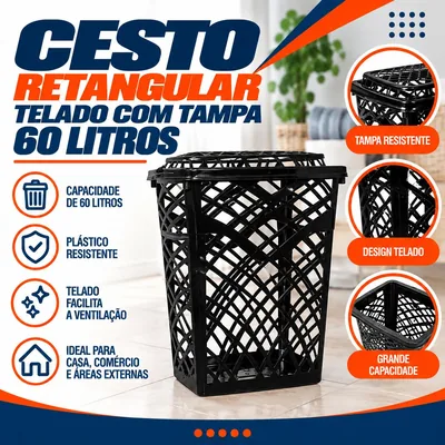 Cesto Retangular Telado com Tampa 60 Litros Jaguar Preto (3084)