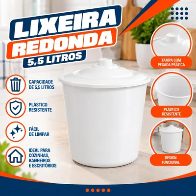 Lixeira Redonda 5,5 Litros Branca Jaguar (0057)