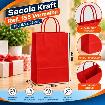Sacola Kraft REF.155 (12X8,5X22) Vermelha Un
