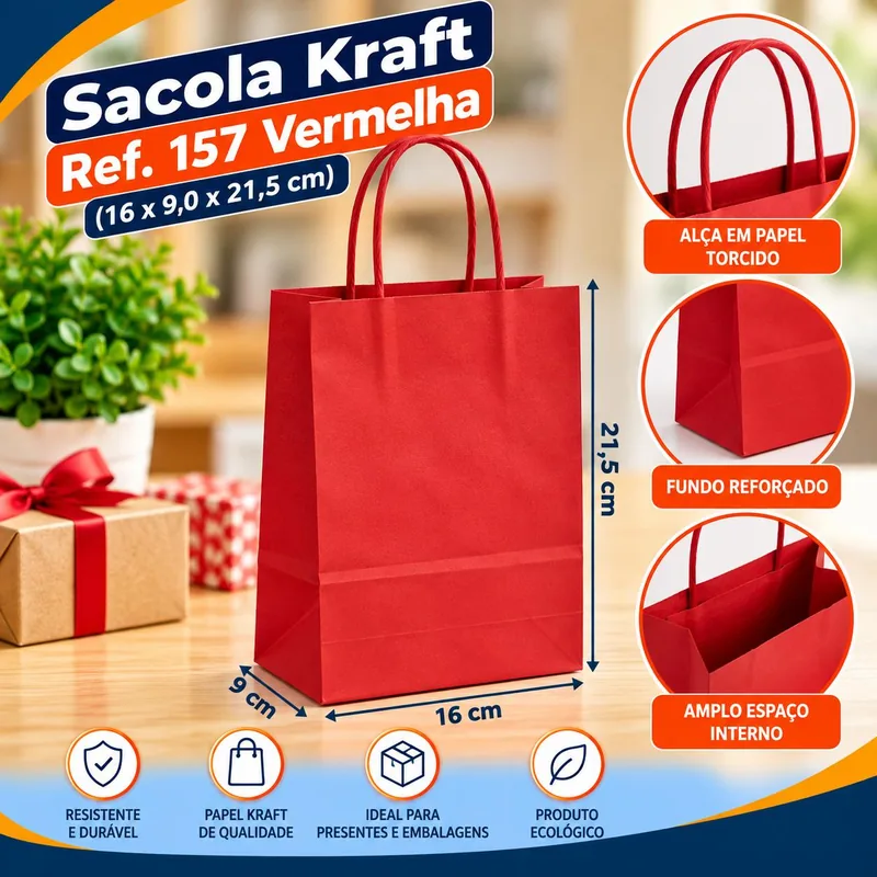Sacola Kraft REF.157 (16X9,0X21,5) Vermelha Un