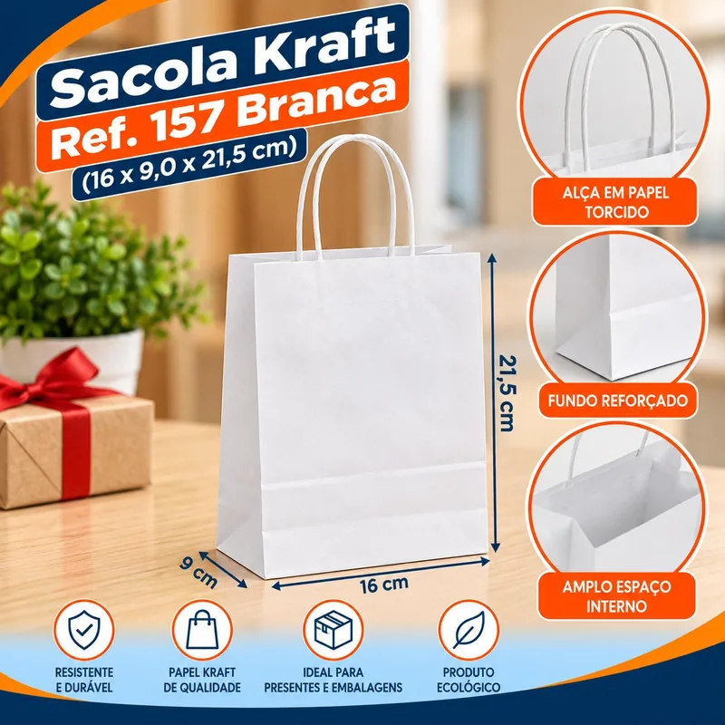 Sacola Kraft REF.157 (16X9,0X21,5) Branca Un