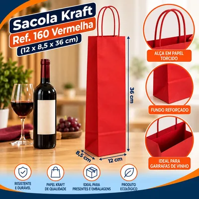Sacola Kraft p/ Vinho REF.160 (12X8,5X36) Vermelha Unid.