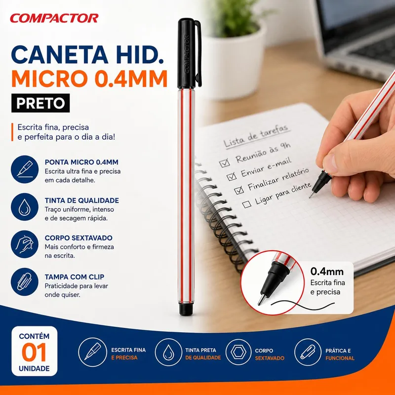 Caneta Hid. Compactor Micro 0.4MM Preto