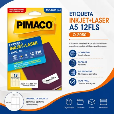 Etiqueta Inkjet+laser A5 12FLS Q-2050 Pimaco (10109)