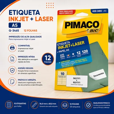 Etiqueta Inkjet+laser A5 12FLS Q-3465 Pimaco (11089)