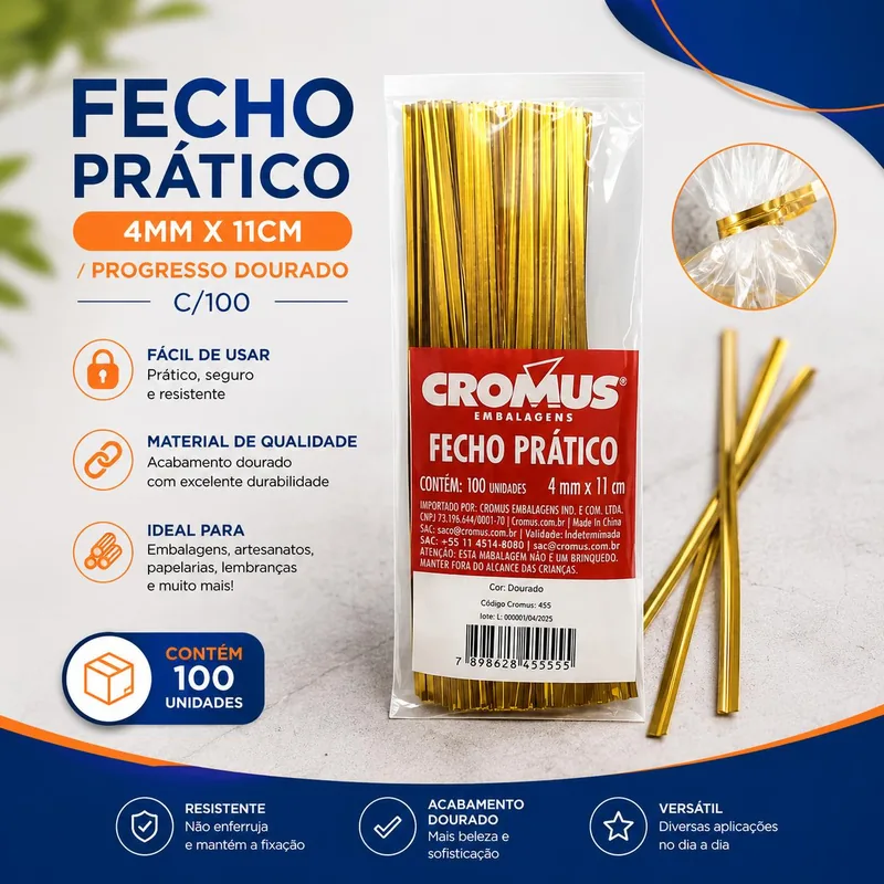 Fecho Pratico 4MMX11CM Cromus/progresso Dourado C/100