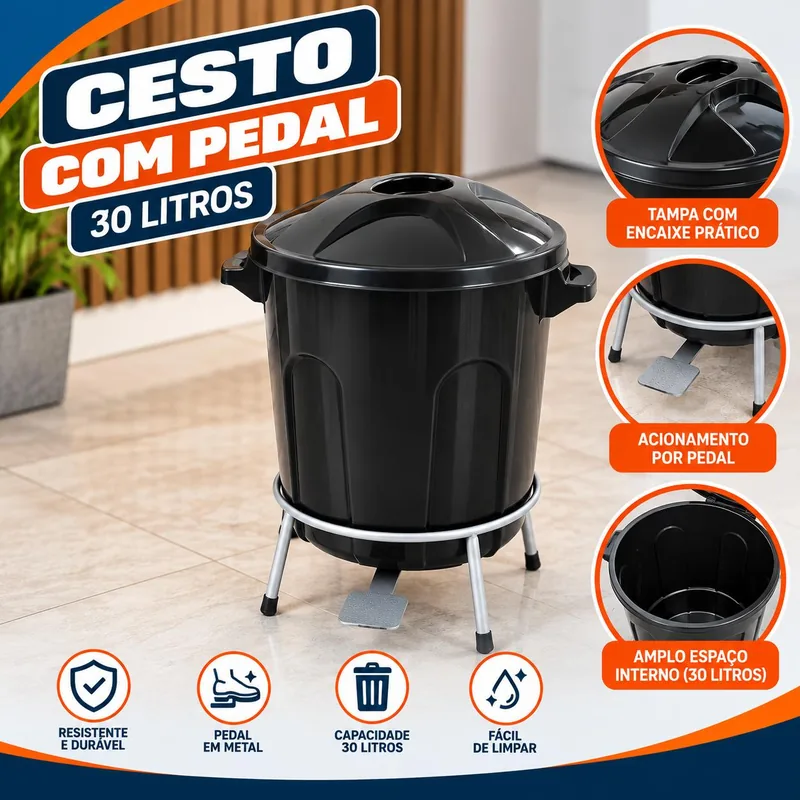 Cesto 030 Lt Preto C/pedal Ferro