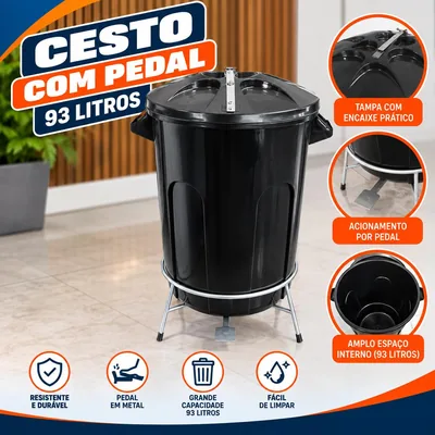 Cesto 93 Lt Preto C/pedal Ferro