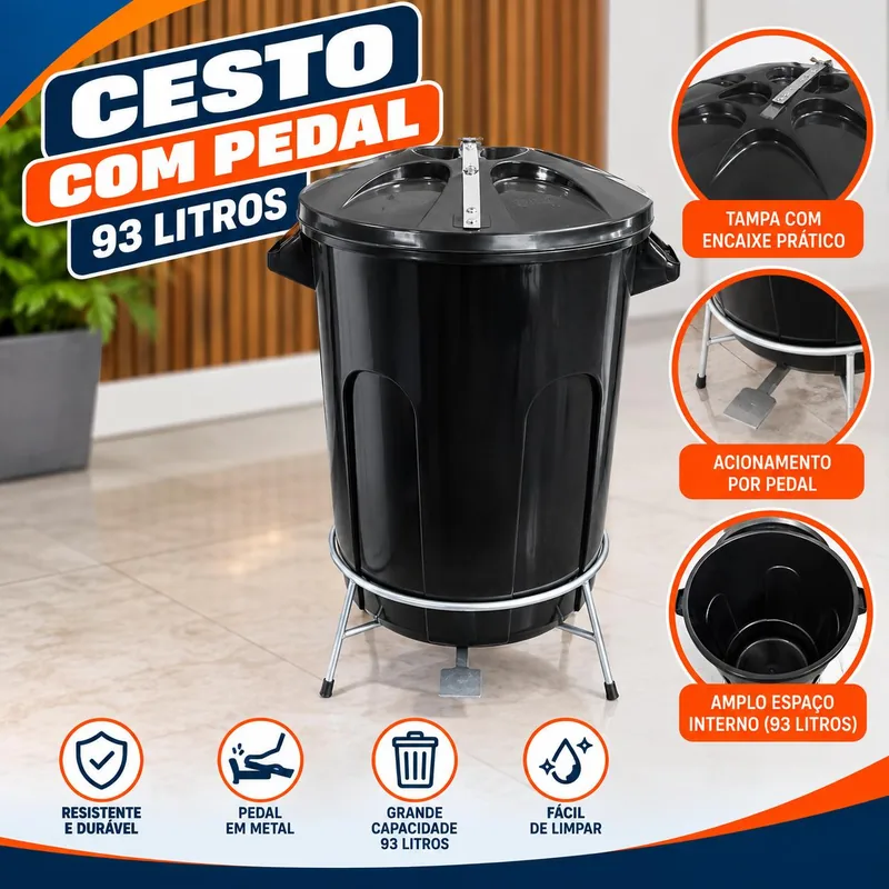 Cesto 93 Lt Preto C/pedal Ferro