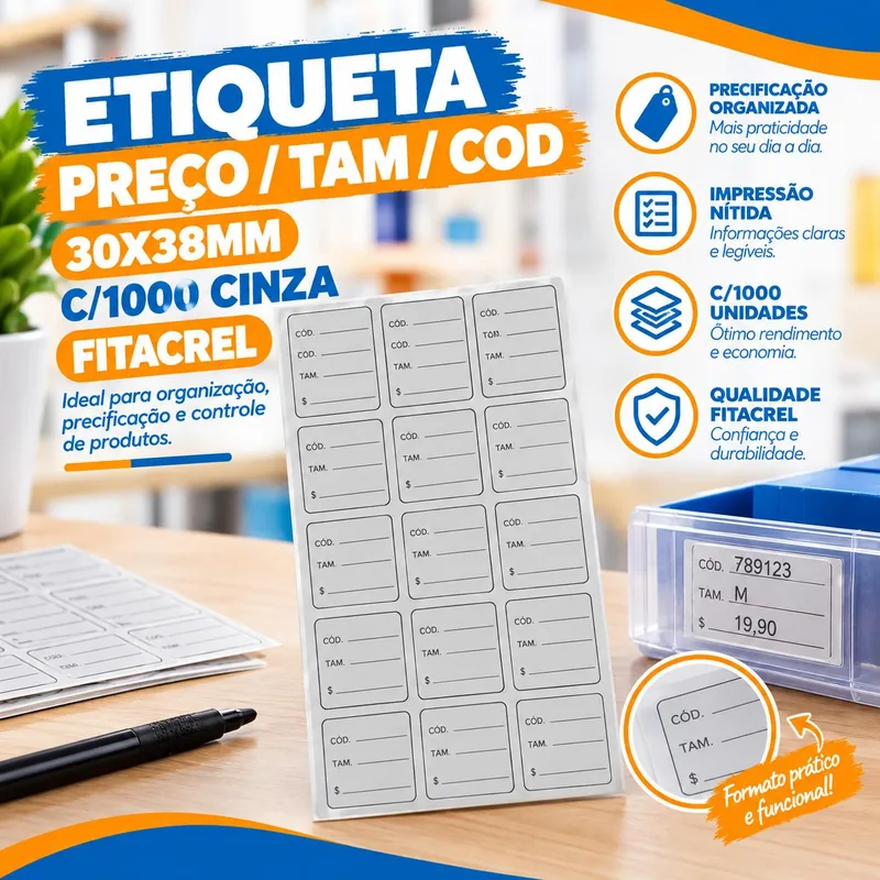 Etiqueta Preco/tam/cod 30X38MM C/1000 Cinza Fitacrel