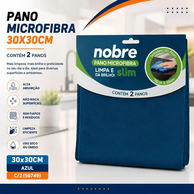 Pano de Microfibra 30X30CM Azul C/2 (56749)