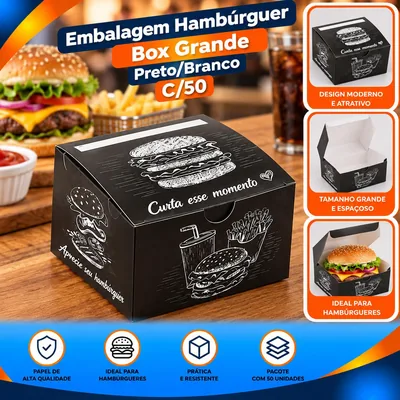 Embalagem Hamburguer Box Grande Preto/branco C/50 (1633)