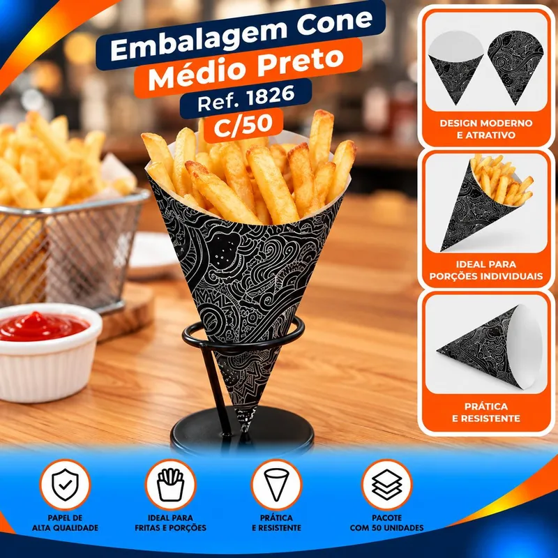 Embalagem Cone Medio Preto (1826) C/50