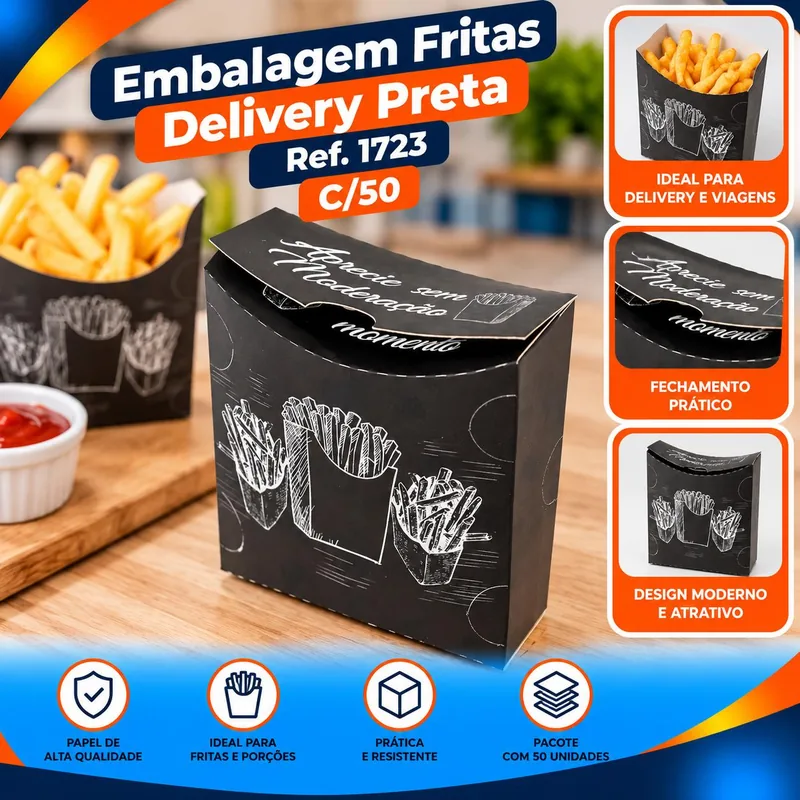 Embalagem Fritas Delivery Preto (1723) C/50