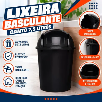 Lixeira Basc. Canto 7,5 Lts Preta Jaguar (3065)