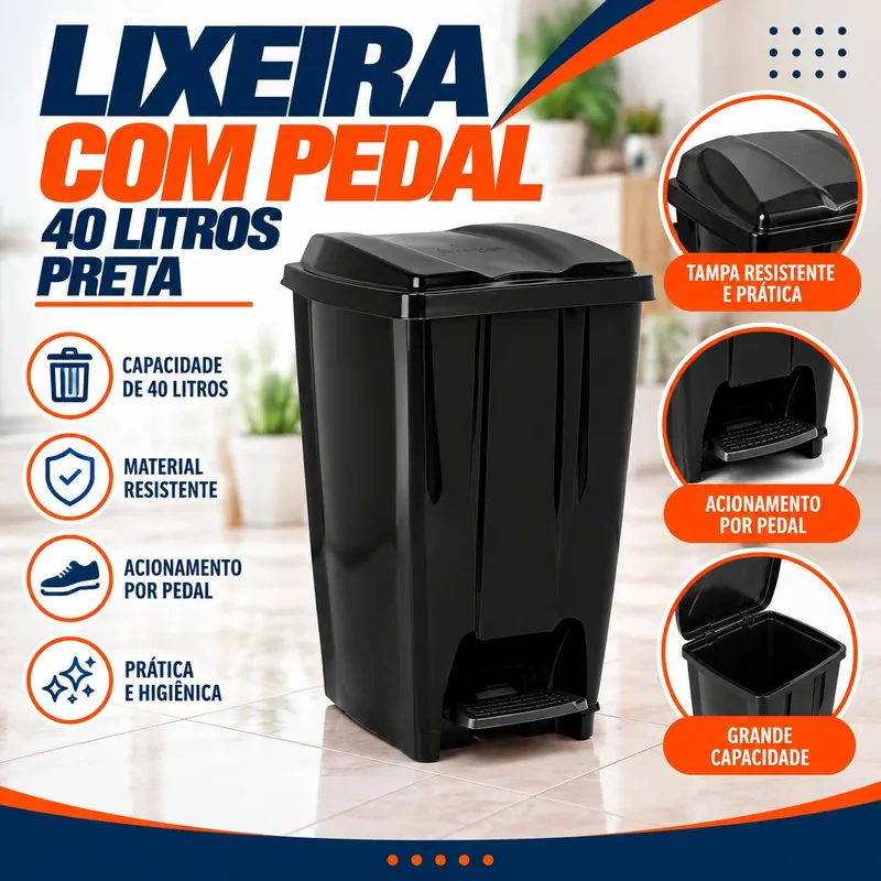 Lixeira com Pedal 40 Litros Preta Jaguar (3074)