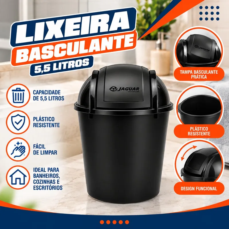 Lixeira Basc. 5,5 Lts Preta Jaguar (3064)