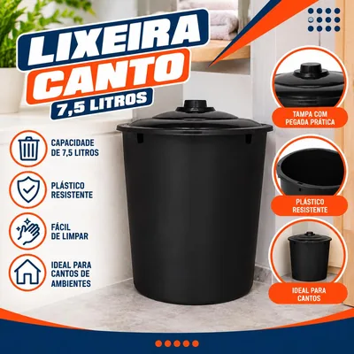 Lixeira Canto 7,5 Lts Preta Jaguar (3068)