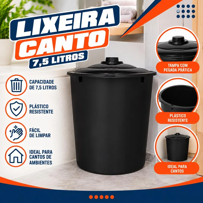 Lixeira Canto 7,5 Lts Preta Jaguar (3068)