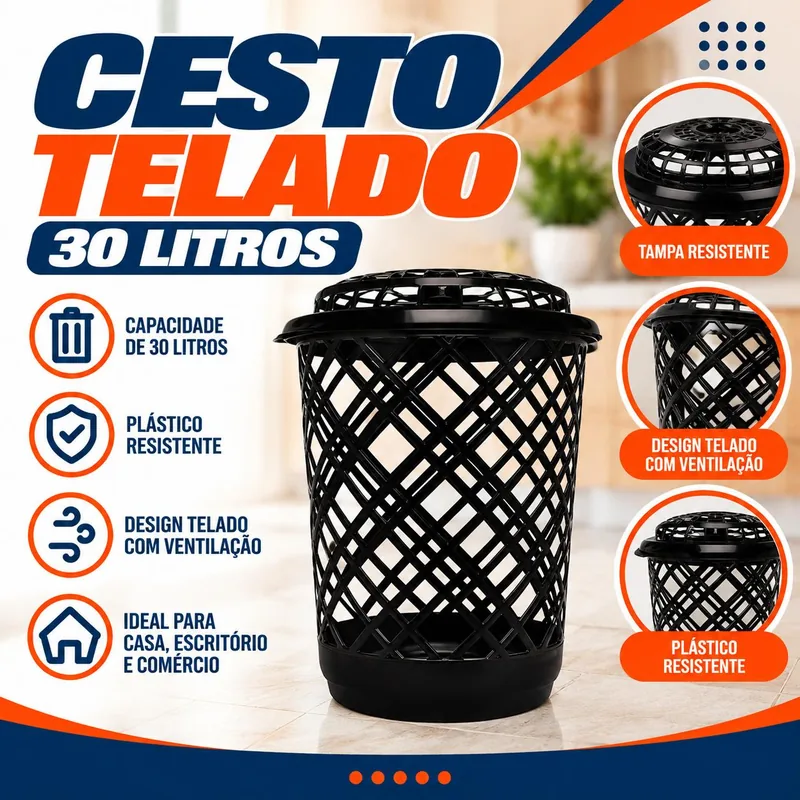 Cesto Ret Telado 30 Lts Preto Jaguar Ref: 3083